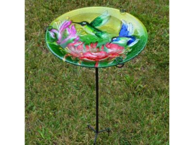 Hummingbird glass staked bird bath