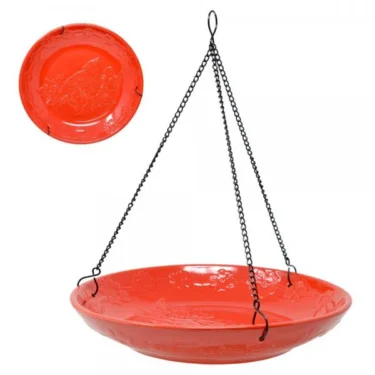 red hanging ceramic bird bath