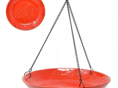 red hanging ceramic bird bath