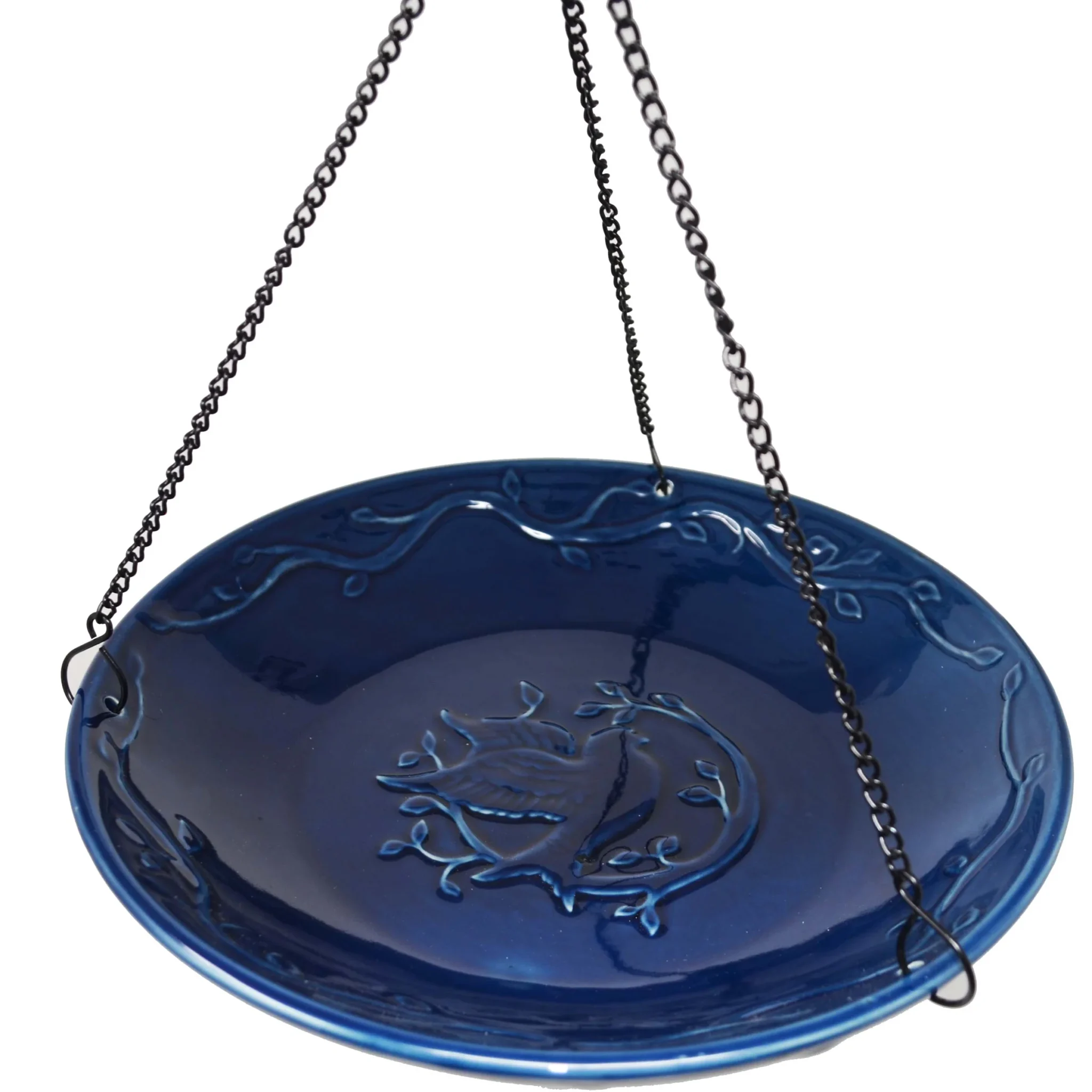 blue ceramic bird bath